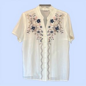 Embroidered Cotton‎ Silk Short Sleeve Blouse Orvis Sz L EUC